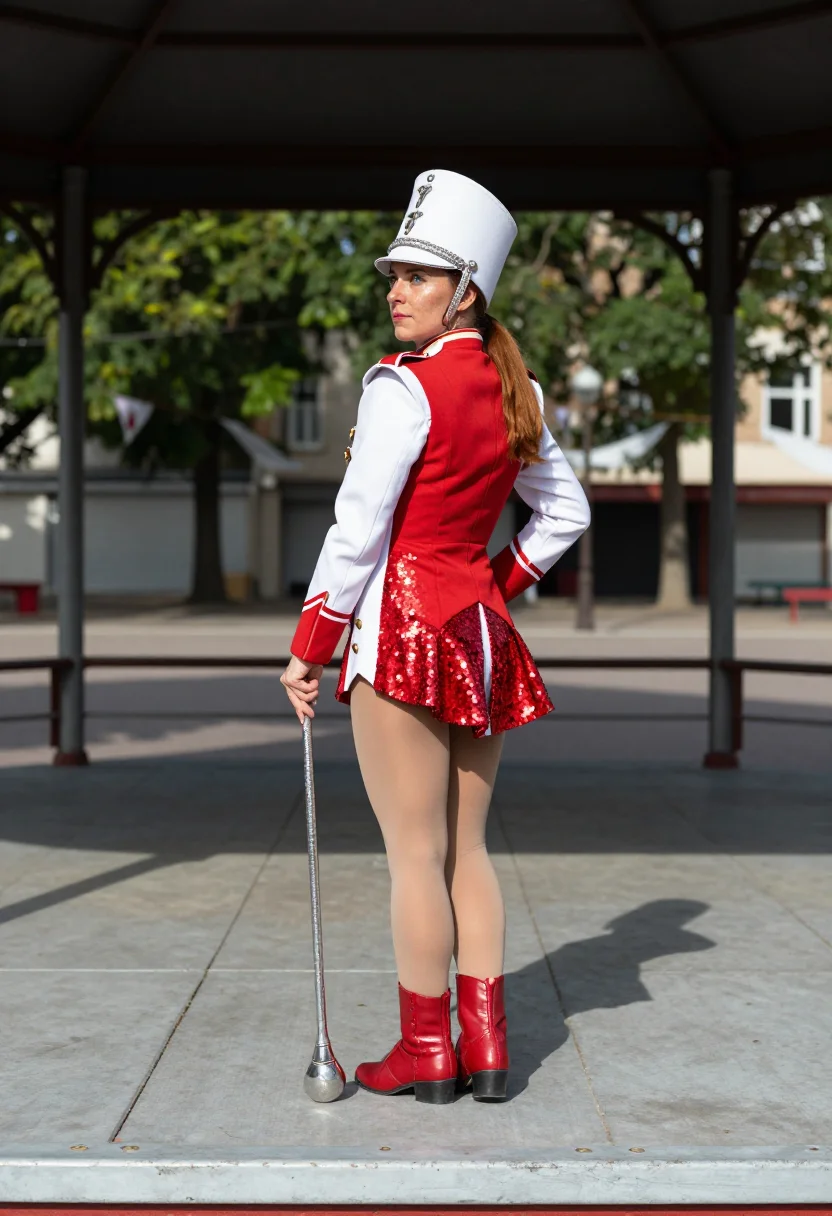 AI majorette sample — portrait of an adult woman, three-quarter-rear full-length portrait