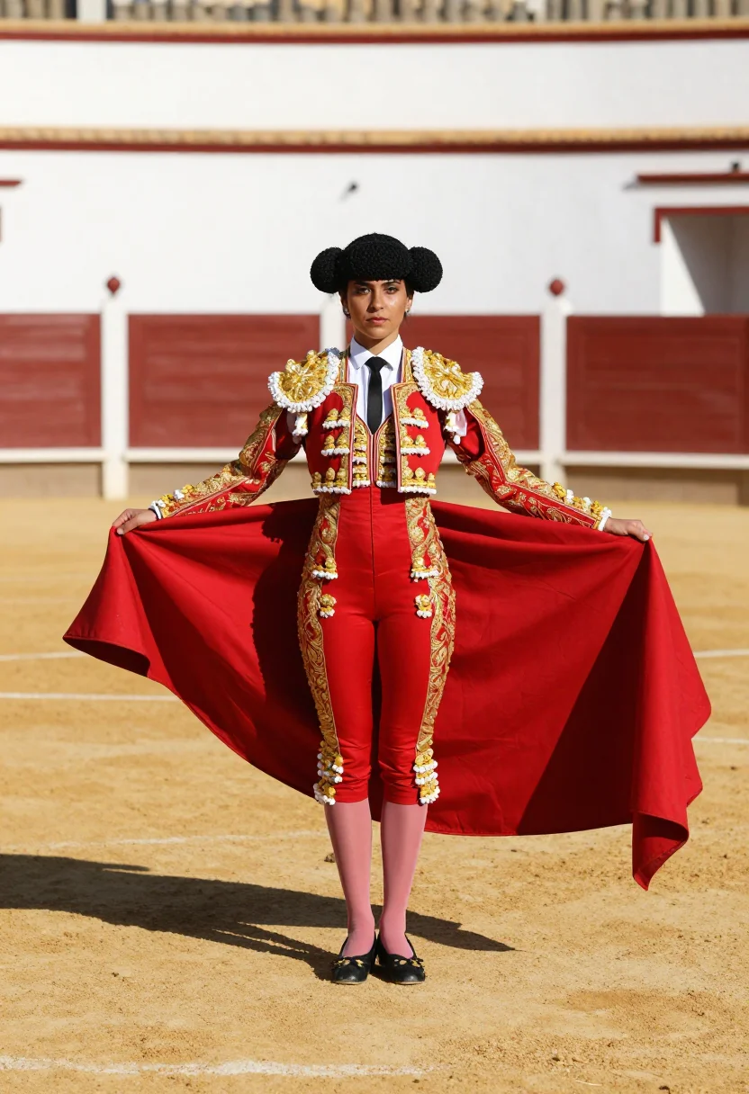AI matadora sample — portrait of a woman, an adult Spanish woman with olive skin, in the crimson suit on the arena sand