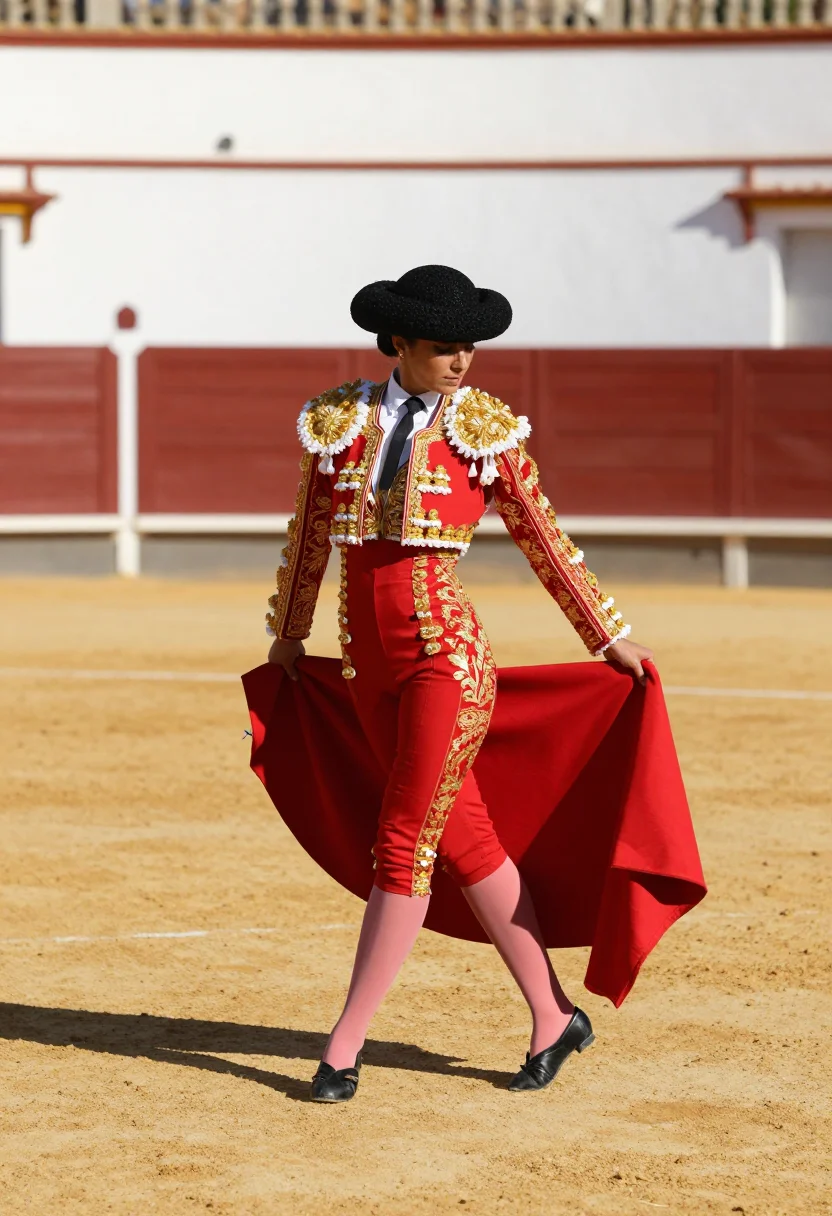 AI matadora sample — portrait of a woman, an adult Spanish woman with olive skin, with the red cape at full sweep