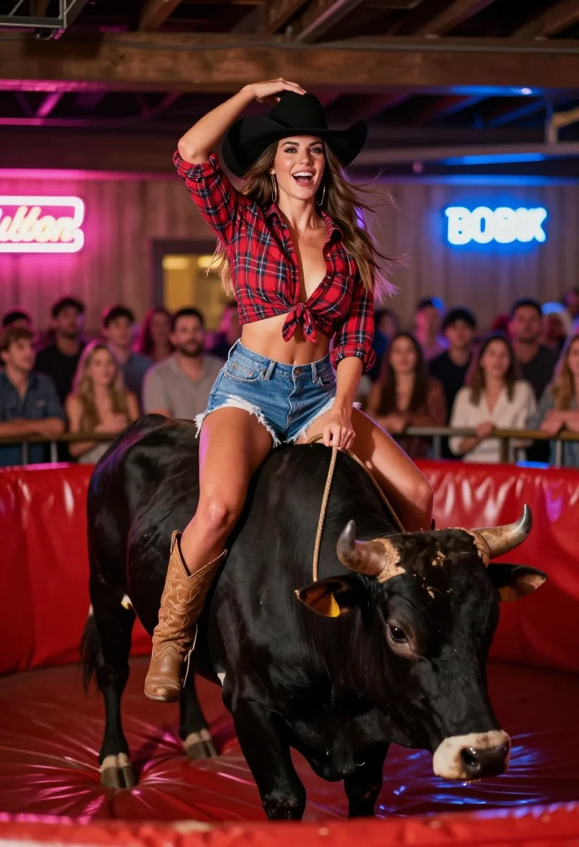 AI mechanical bull sample — portrait of a woman, full-length three-quarter view of an adult Texan woman with one hand raised