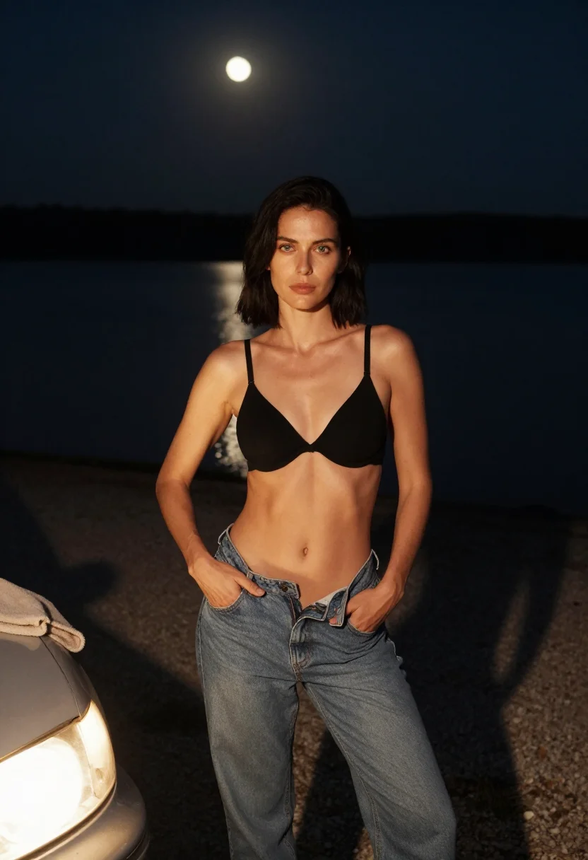 AI midnight lake sample — portrait of a woman, half-length three-quarter frame of a grown adult woman.