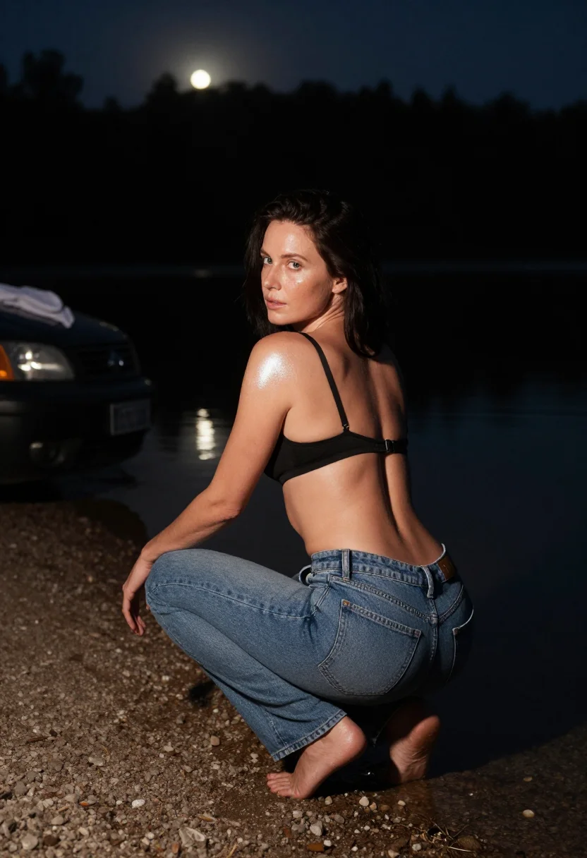 AI midnight lake sample — portrait of a woman, three-quarter rear frame of a grown adult woman.