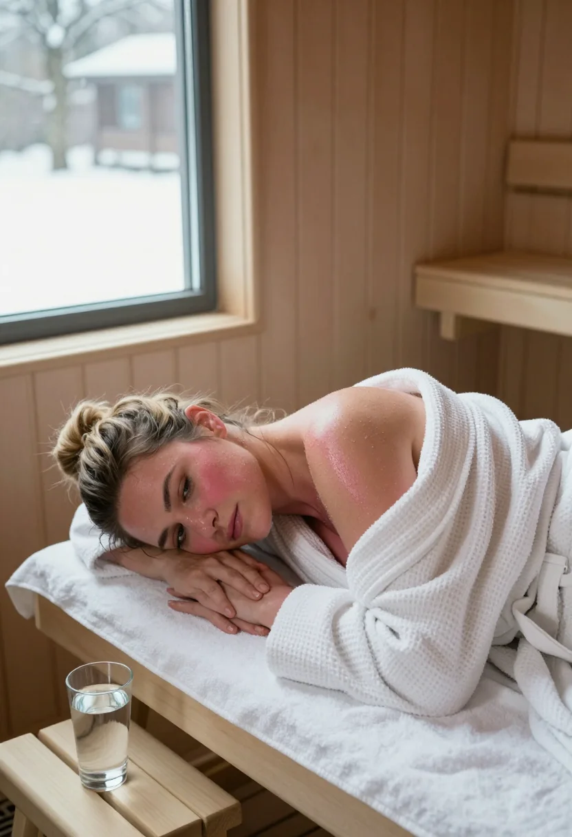 AI mixed sauna munich sample — portrait of an adult woman, a glass of water lifted on the lounger