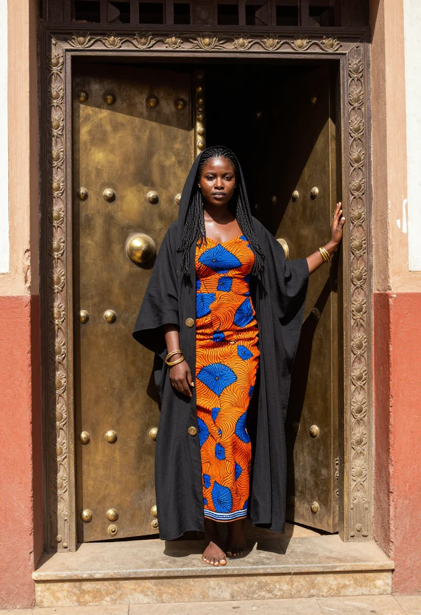 AI mombasa swahili door sample — photograph of a woman, full-length three-quarter view at the carved door