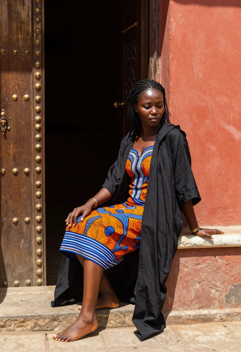 AI mombasa swahili door sample — photograph of a woman, full-length profile view of a Swahili woman of Mombasa