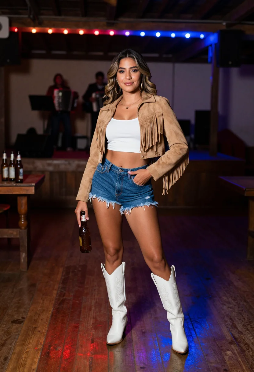 AI monterrey nortena dance sample — portrait of a woman, a regiomontana Mexican woman of about twenty-five on the dance floor