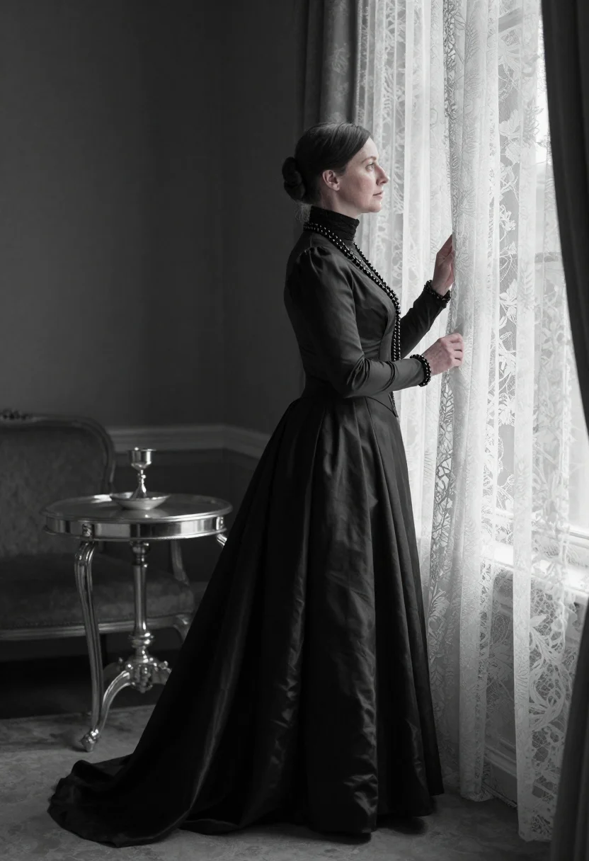 AI mourning tea sample — portrait of an adult woman, full-length side portrait of a grown woman by the window