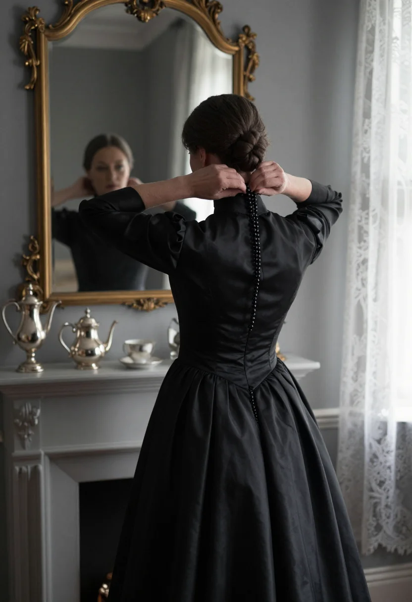 AI mourning tea sample — portrait of an adult woman, three-quarter-length rear portrait by the lace curtains