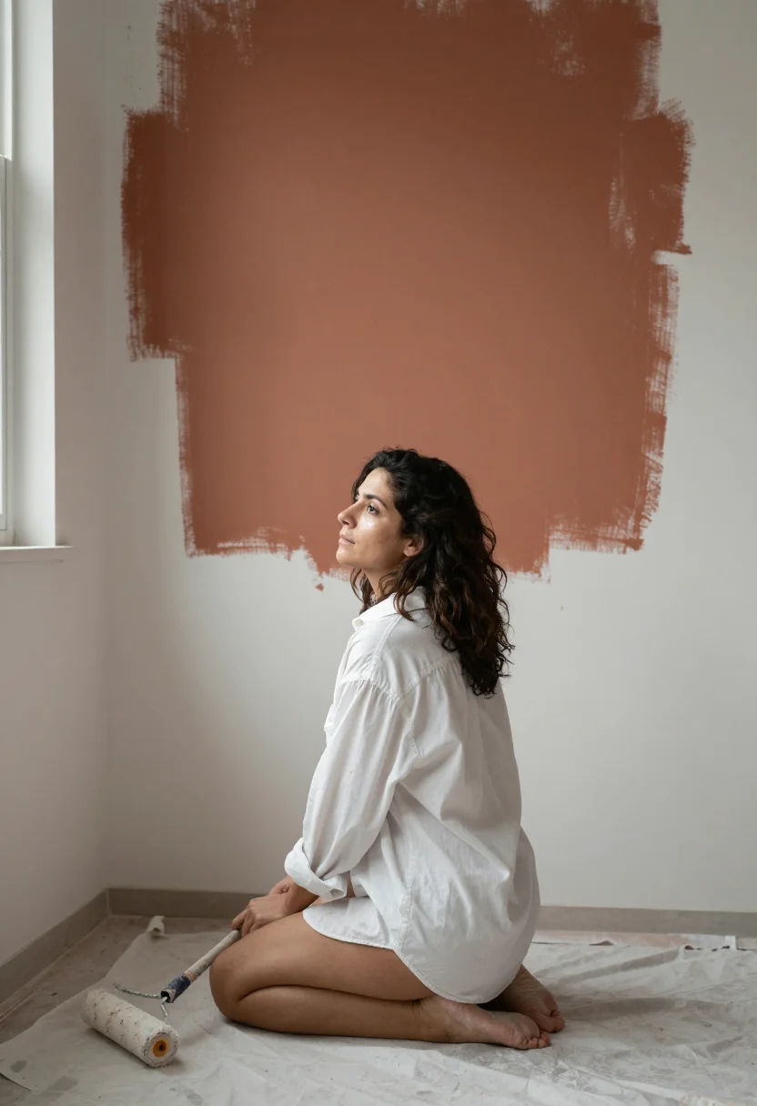 AI moving in sample — portrait of a woman, an adult Spanish woman with warm olive skin, on the stepladder