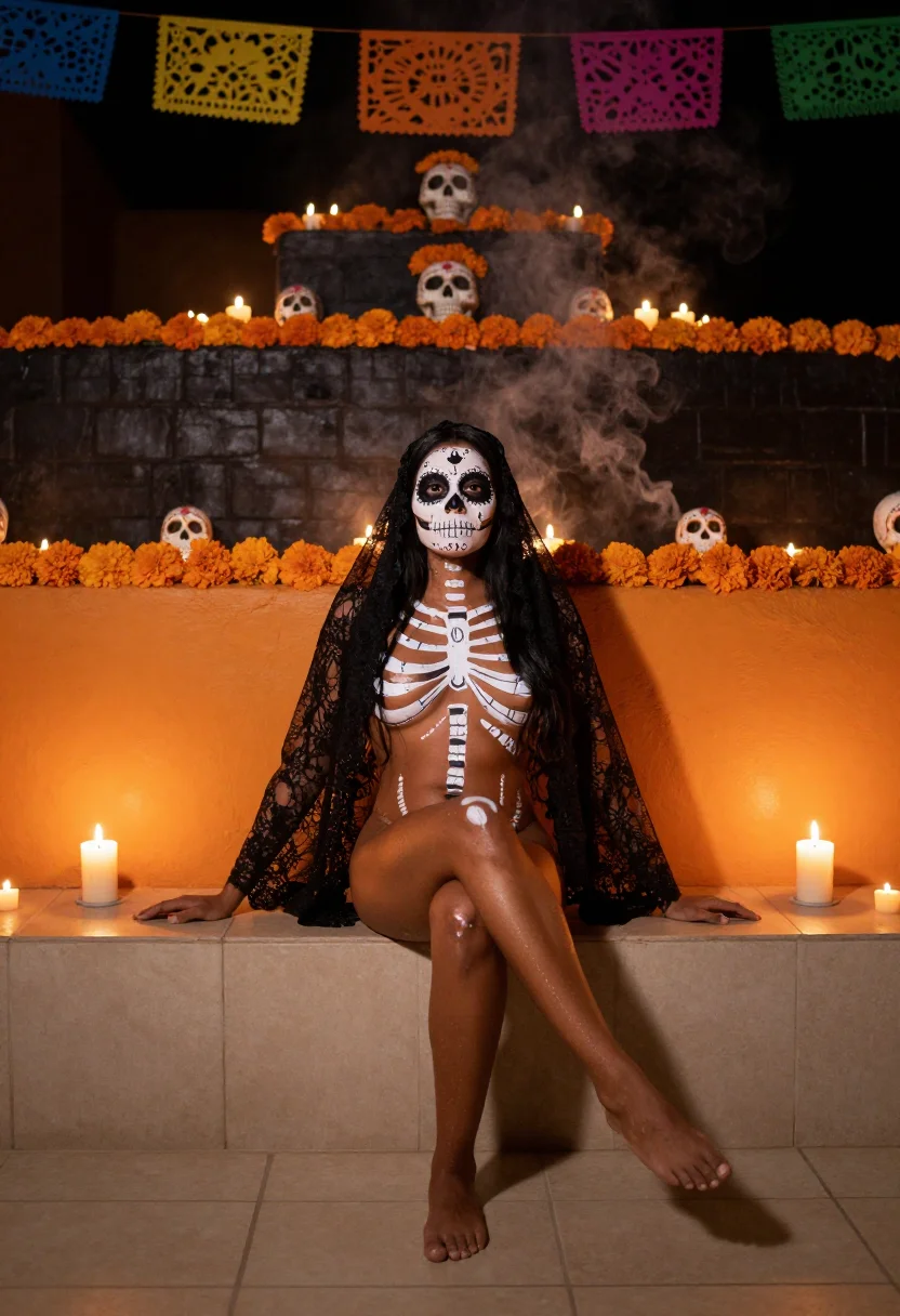 AI Day of the Dead portrait — marigolds and candlelight at the ofrenda