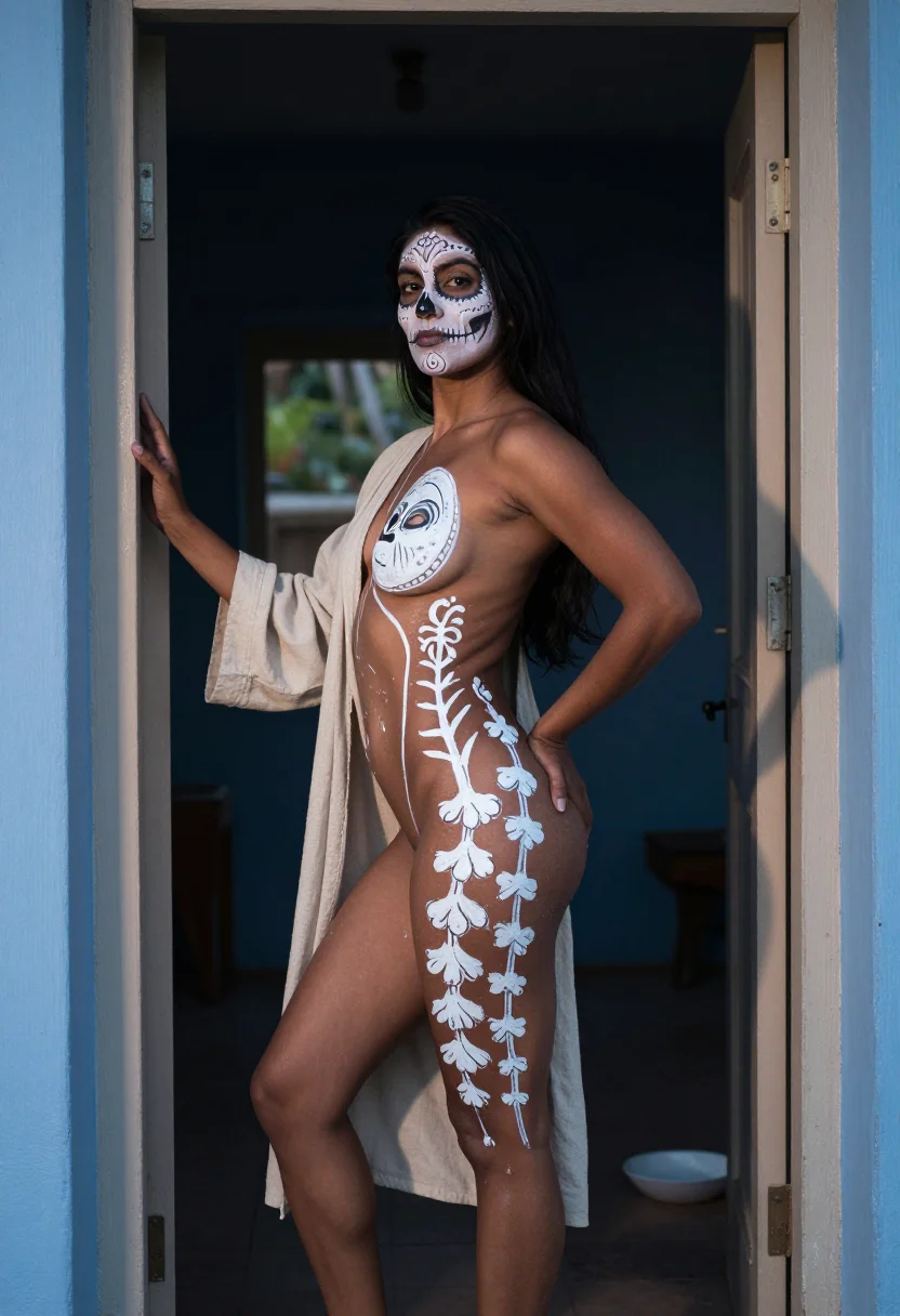 AI Day of the Dead portrait — blue-hour doorway, linework still wet