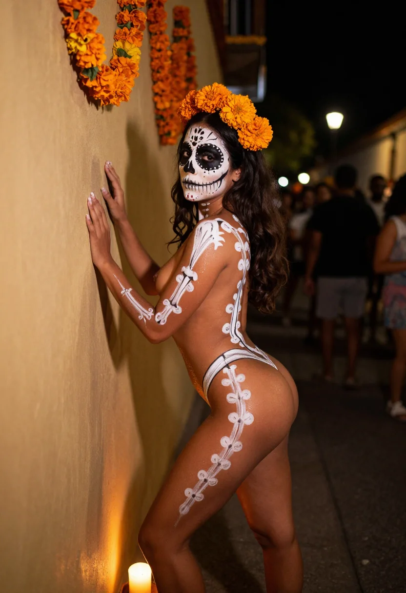 AI Day of the Dead portrait — marigold crown, candle carried low