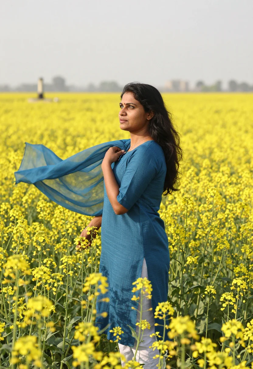 AI mustard fields sample — photograph of a grown woman, South-Asian, with a wheat-gold 