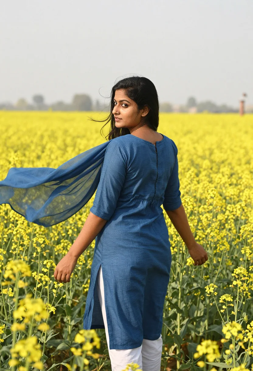 AI mustard fields sample — photograph of a grown woman, South-Asian, with a wheat-gold 