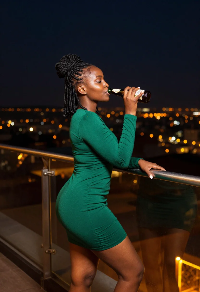 AI nairobi westlands rooftop sample — portrait of a woman, a Kikuyu woman from Nairobi in three-quarter view by the fire pit