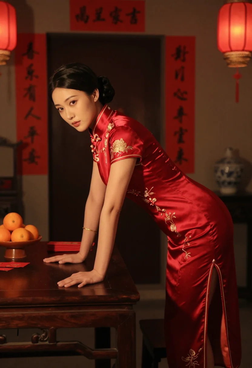 AI new year red sample — photograph of a grown woman, East-Asian, with warm ivory ski