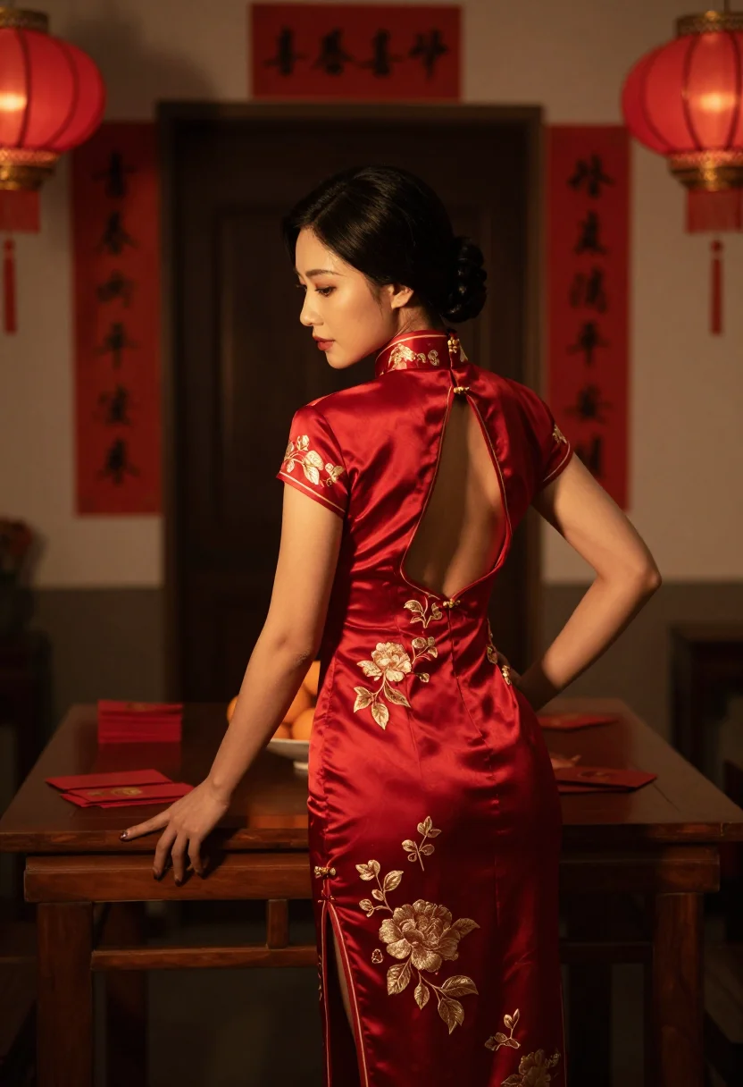 AI new year red sample — photograph of a grown woman, East-Asian, with warm ivory ski