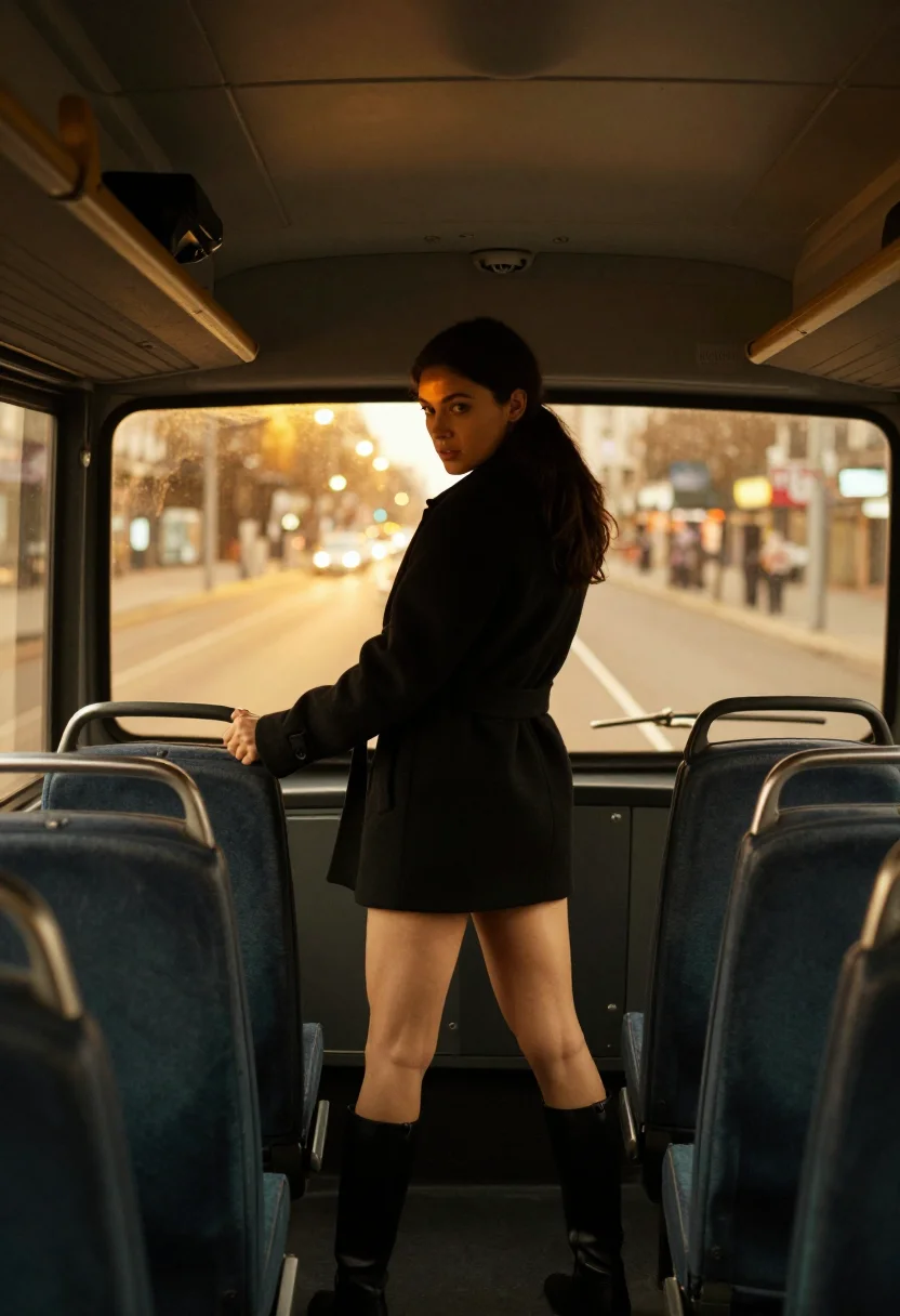 AI night bus sample — portrait of an adult Western-European woman, in the front seat's throne above the windshield