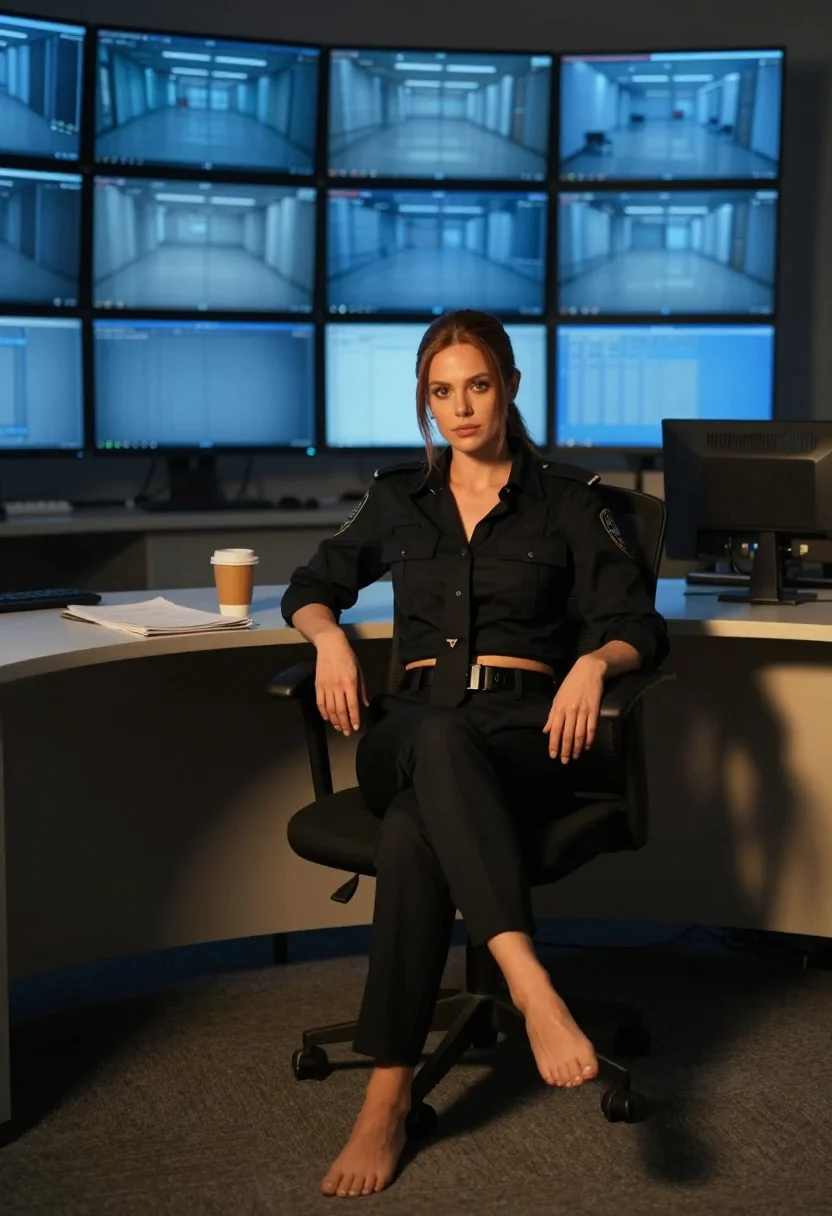 AI night desk sample — portrait of a woman, an adult woman with warm olive skin, feet up at the desk in uniform, monitor light blue on her face