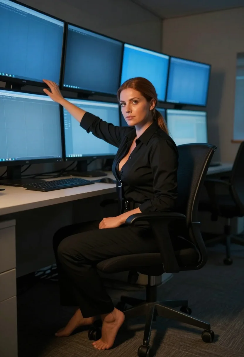 AI night desk sample — portrait of a woman, an adult woman with warm olive skin, feet up at the desk in uniform, monitor light blue on her face