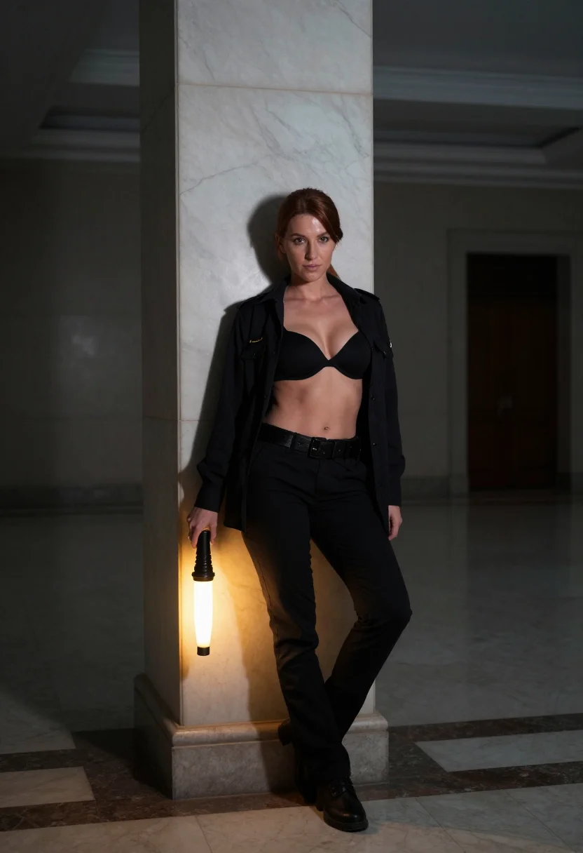 AI night desk sample — portrait of a woman, an adult woman with warm olive skin, the uniform shirt open, patrolling the marble lobby