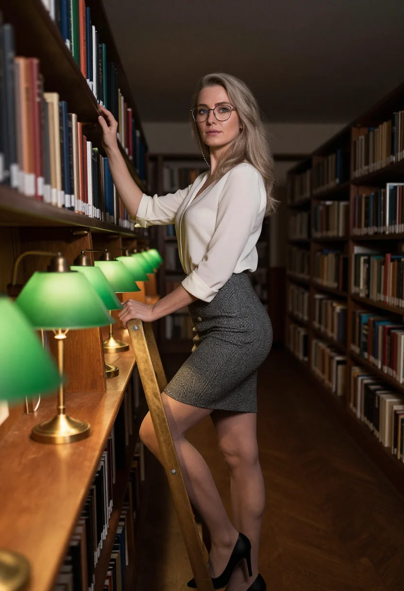 AI night librarian sample — portrait of an adult woman, three-quarter-length portrait of