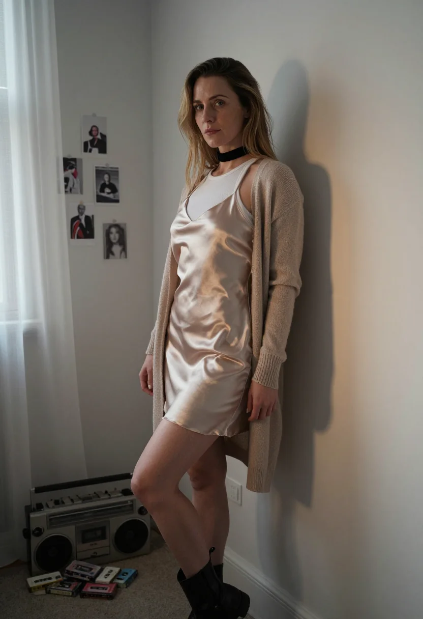 AI nineties slip sample — portrait of an adult woman, three-quarter-length side-profil