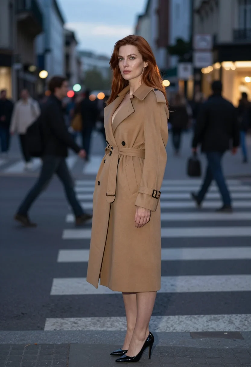 AI trench coat sample — portrait of a woman, an adult woman with rose-toned ivory sk