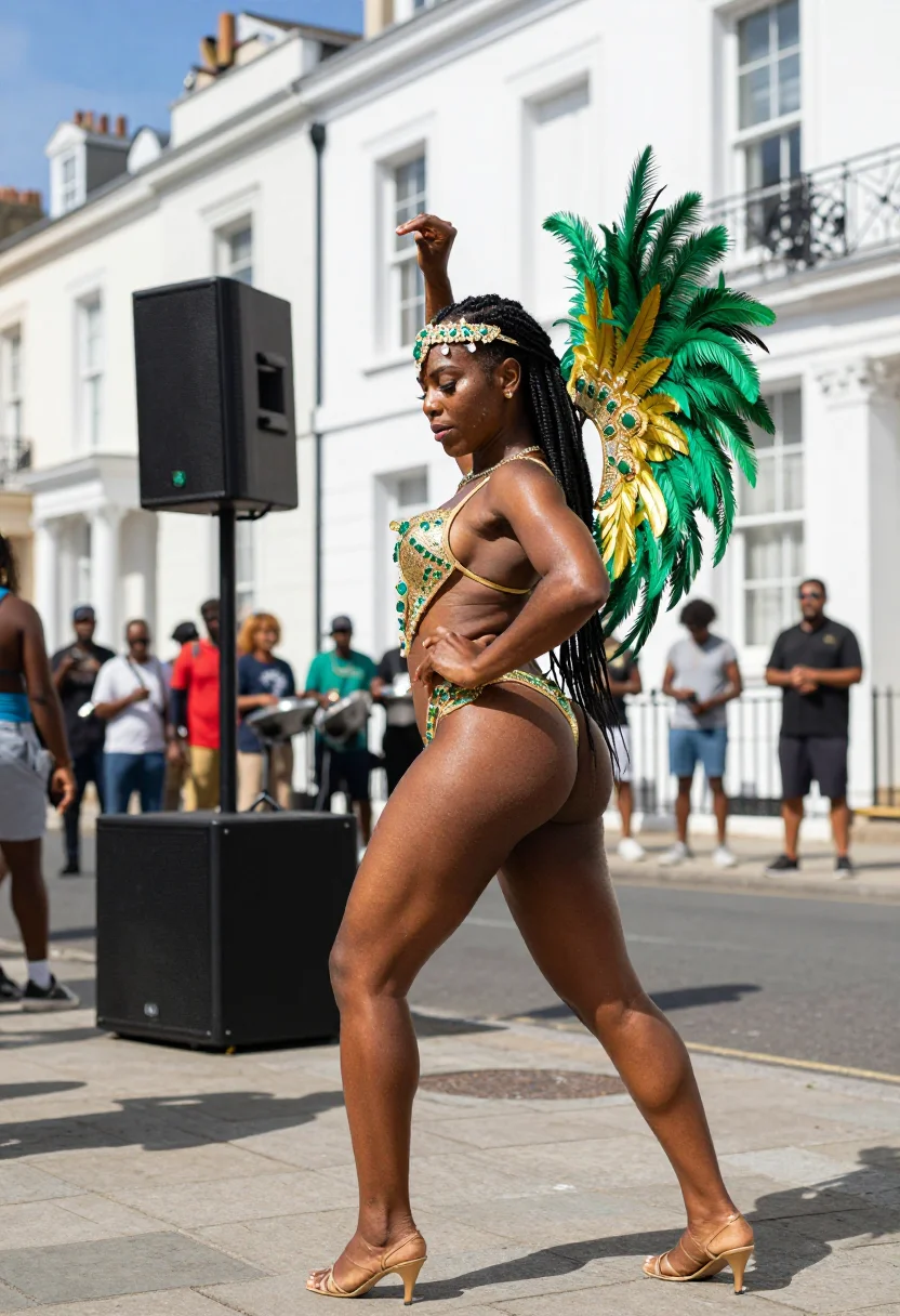 AI notting hill carnival sample — photograph of a woman, full-length side profile in the feathered backpiece