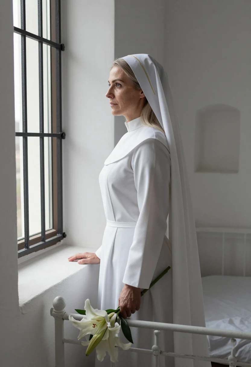 AI nun bride sample — portrait of an adult woman, three-quarter-length side-profil