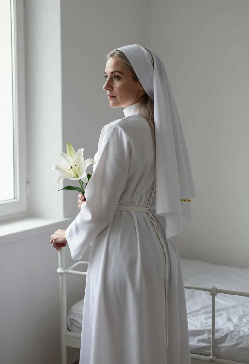 AI nun bride sample — portrait of an adult woman, three-quarter-length rear portra
