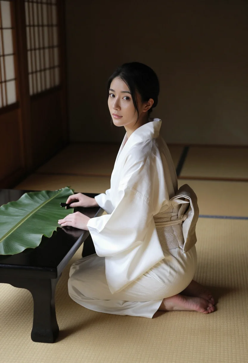 AI sushi table sample — portrait of a woman, an adult Japanese woman with warm ivory