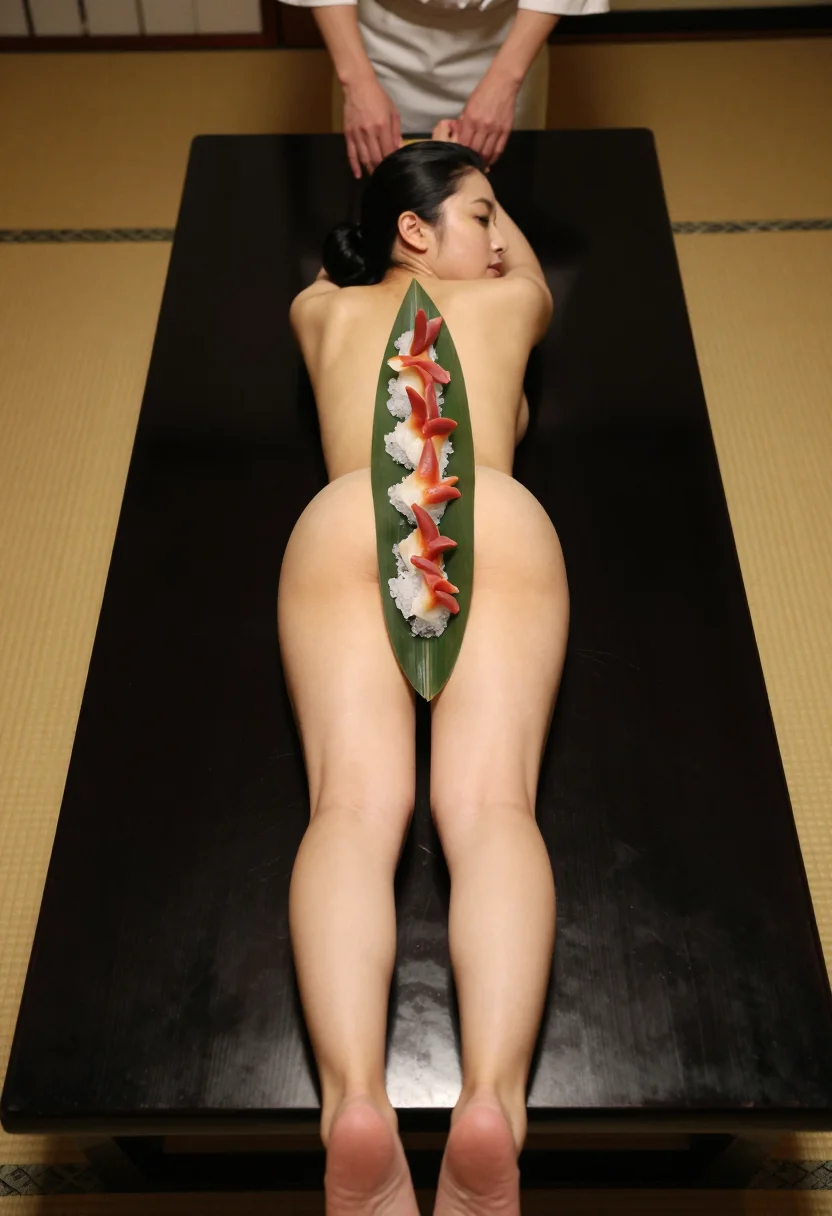AI sushi table sample — portrait of a woman, an adult Japanese woman with warm ivory