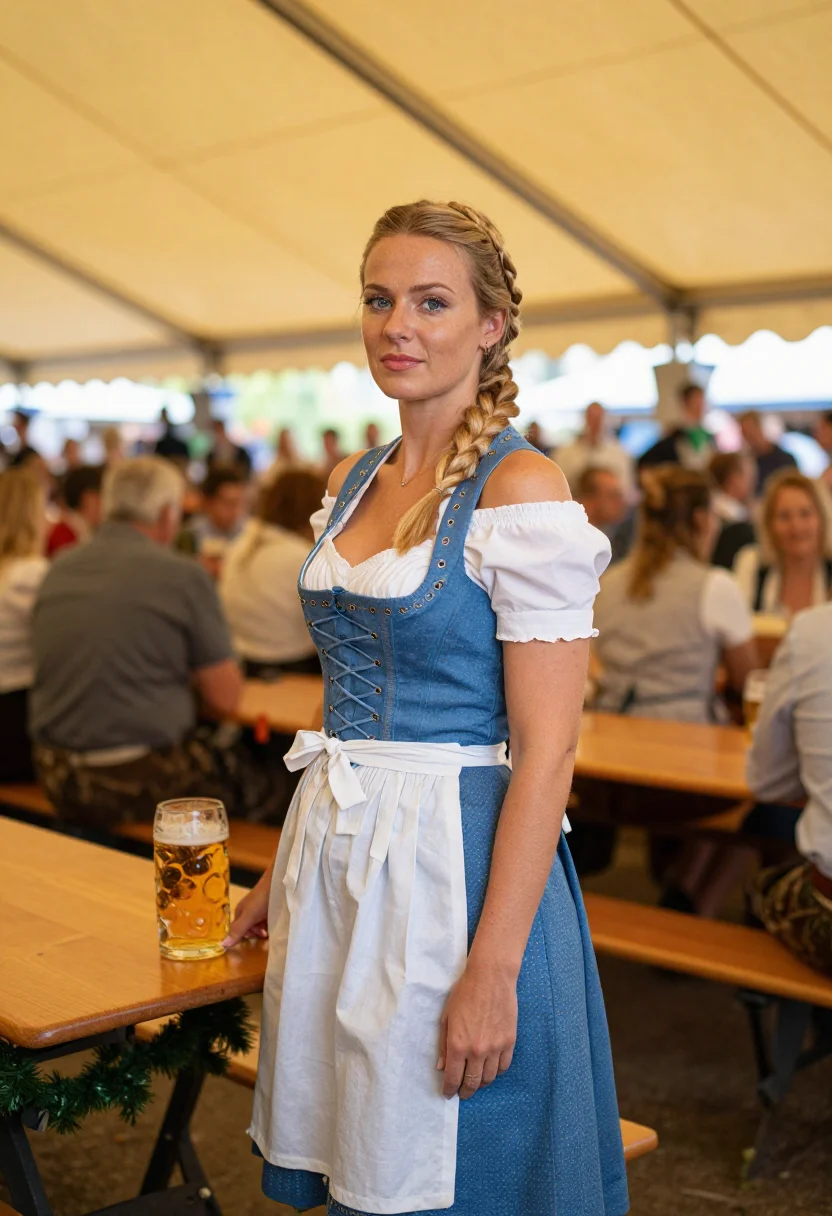 AI oktoberfest dirndl sample — photograph of a grown woman, Central-European, with fair ski