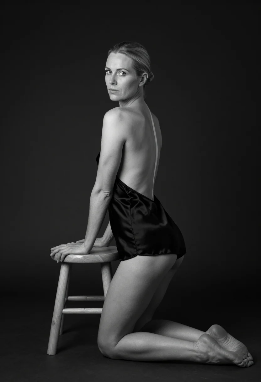AI one fresnel sample — portrait of a woman, an adult Danish woman with cool fair skin, from the side, the single Fresnel throwing one clean shadow onto the cyc.