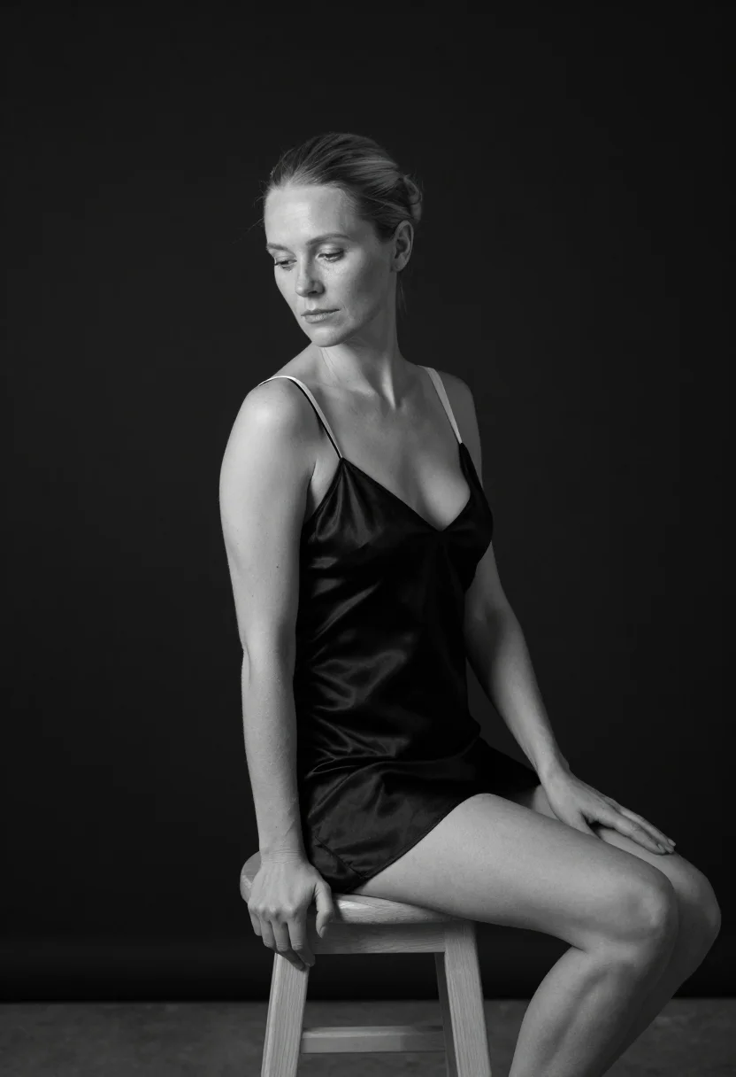 AI one fresnel sample — portrait of a woman, an adult Danish woman with cool fair skin, seated on the stool in profile, the light carving her face and collarbone.