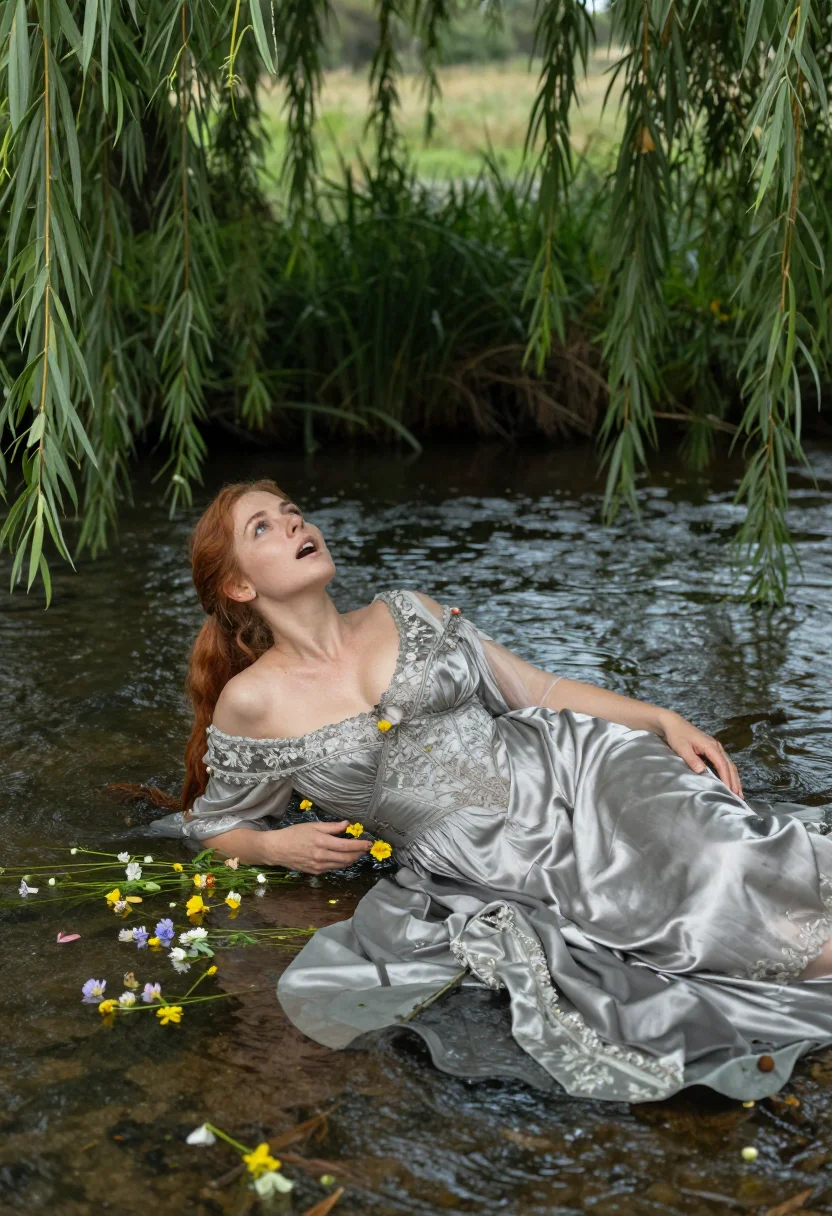 AI ophelia stream sample — portrait of a woman, three-quarter-length reclining portrait