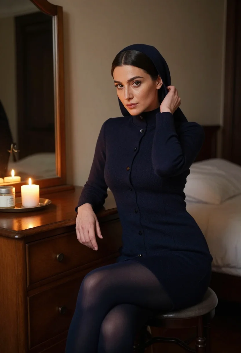 AI orthodox wig sample — portrait of a woman, an adult woman of Ashkenazi Jewish ancestry, seated at the dresser in a high-necked navy dress with the sheitel on