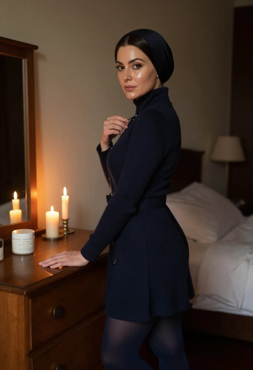 AI orthodox wig sample — portrait of a woman, an adult woman of Ashkenazi Jewish ancestry, seated at the dresser in a high-necked navy dress with the sheitel on