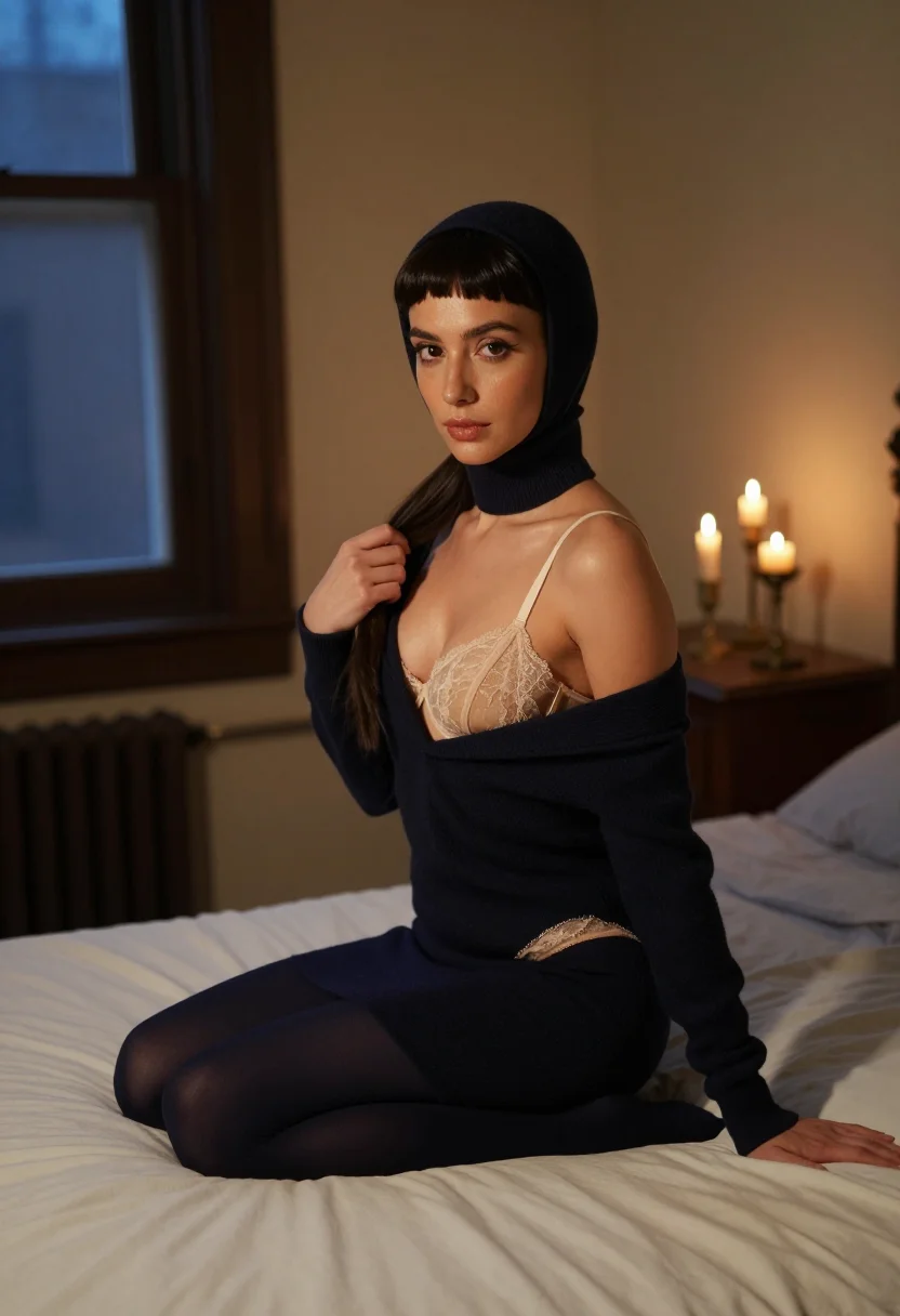 AI orthodox wig sample — portrait of a woman, an adult woman of Ashkenazi Jewish ancestry, the dress unzipped to the waist over a beige lace bra
