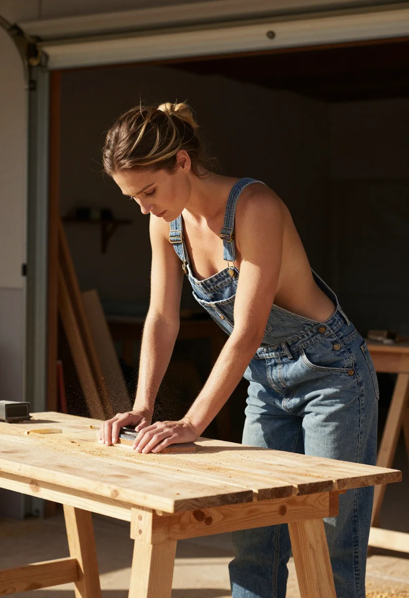 AI workshop overalls sample — portrait of a woman, half-length side photograph of a grown 