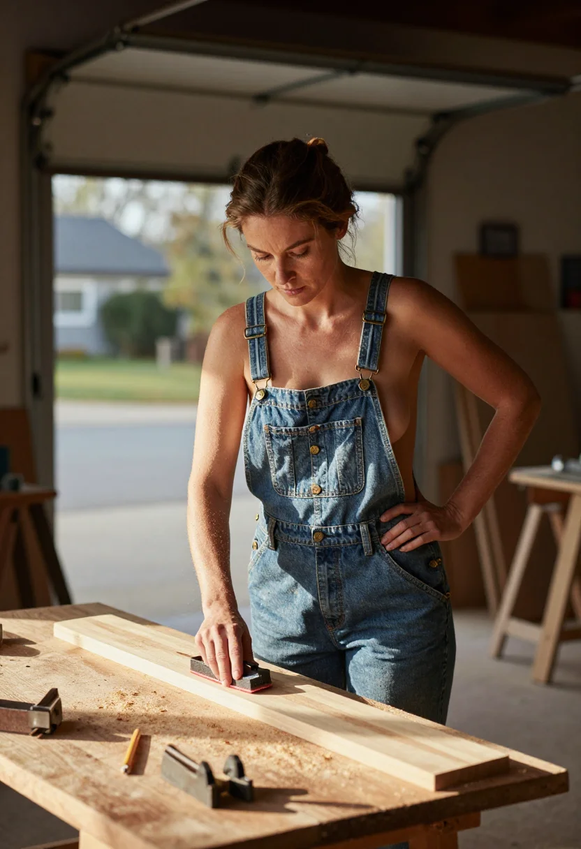 AI workshop overalls sample — portrait of a woman, three-quarter-length photograph of a gr