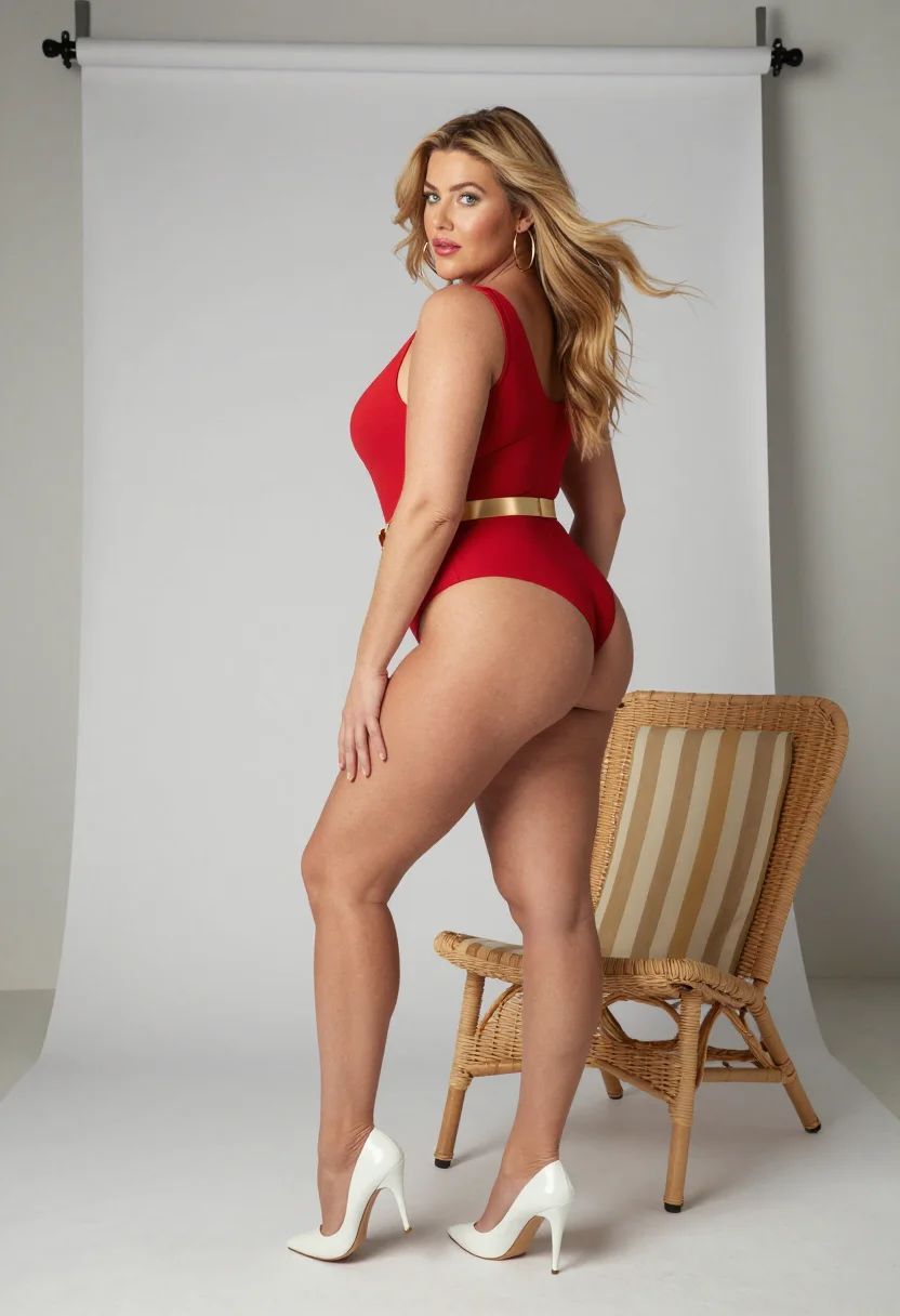 AI seaside studio sample — photograph of a grown woman, British, with fair skin, standing on a white seamless in profile