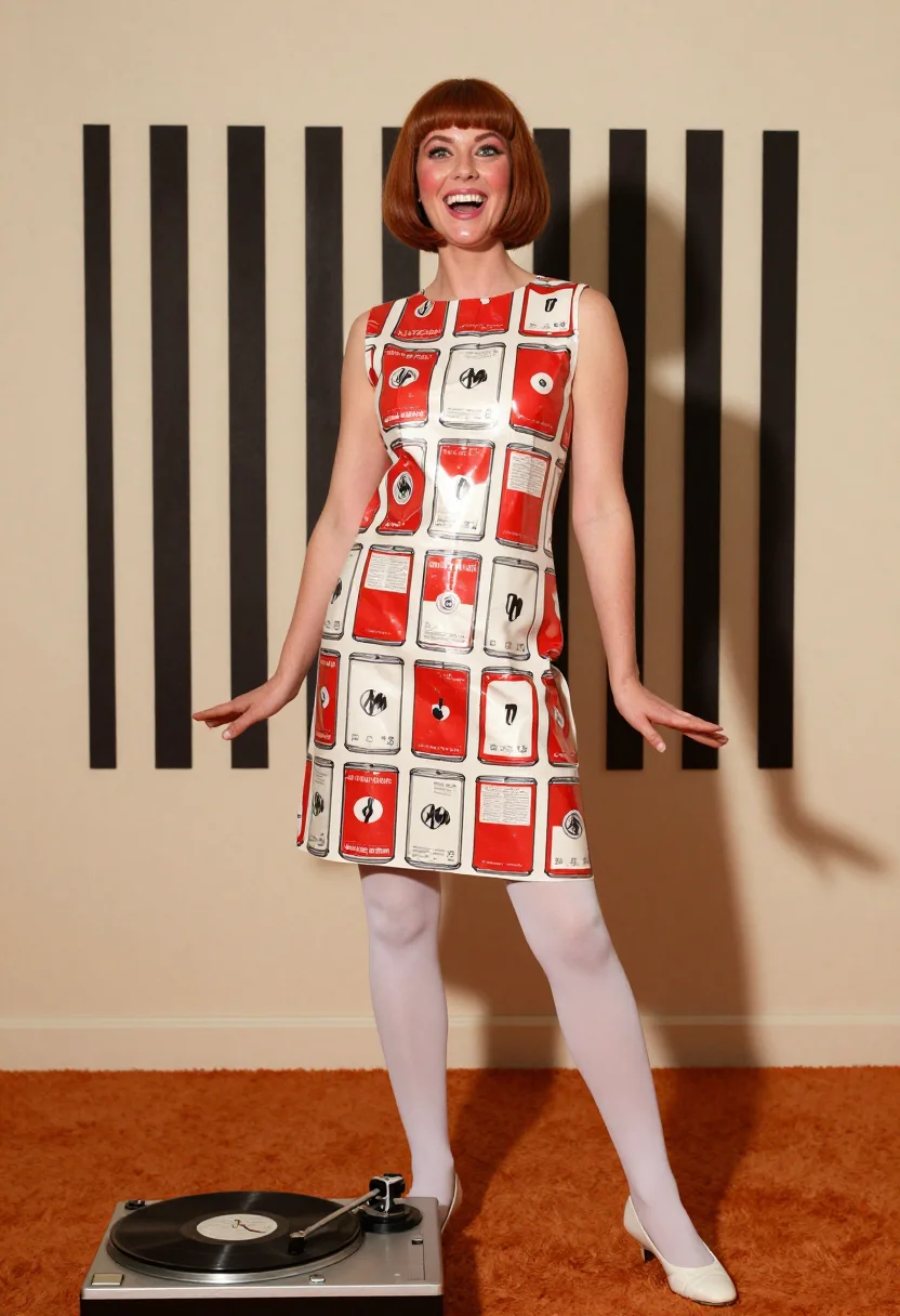 AI paper dress sample — portrait of an adult woman, full-length, the paper stiff and crackling, white tights and a flat shoe