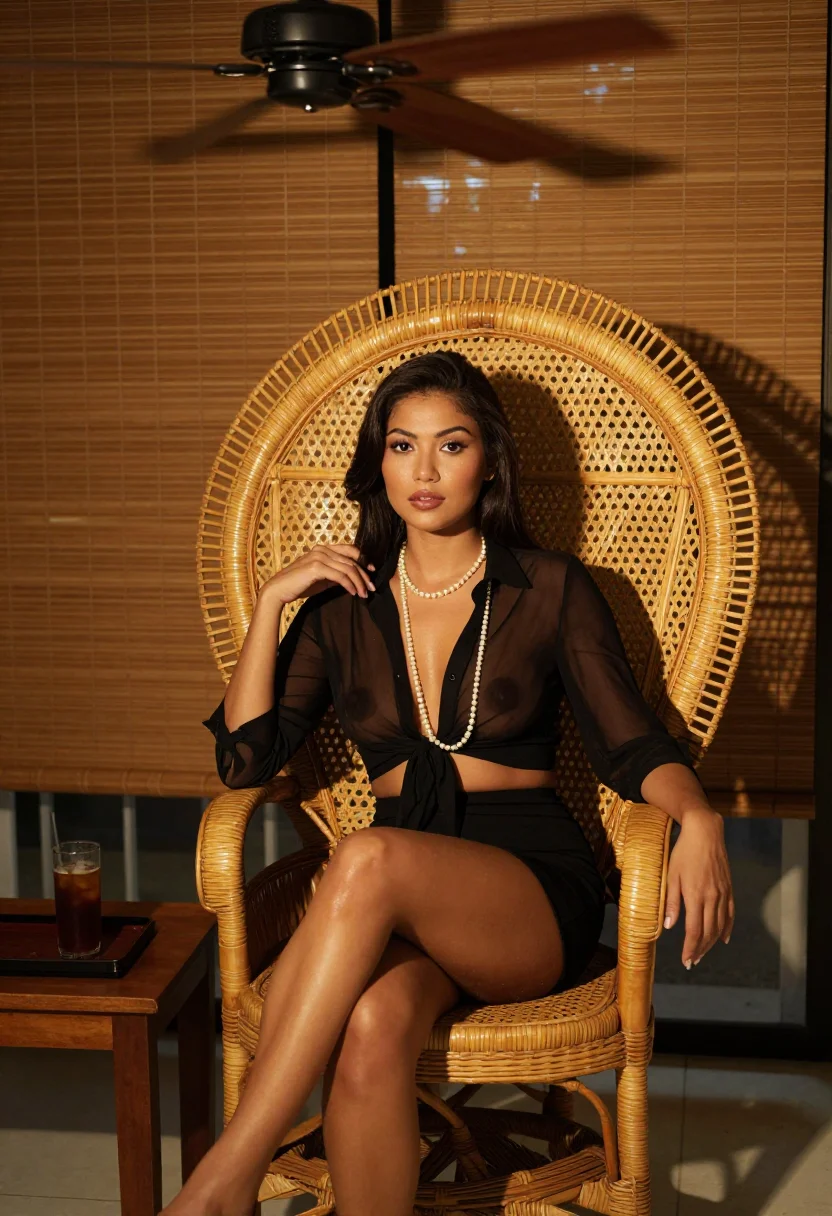 AI peacock chair sample — portrait of a woman, an adult French woman with warm golden skin, seated sideways in a rattan peacock chair