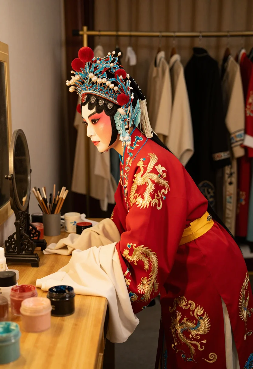 AI peking opera dresser sample — portrait of an adult woman, side view with the water sleeves trailing