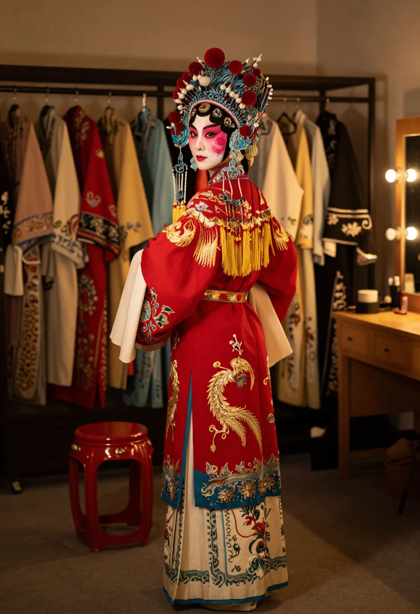 AI peking opera dresser sample — portrait of an adult woman, three-quarter view with the half-painted face and phoenix crown