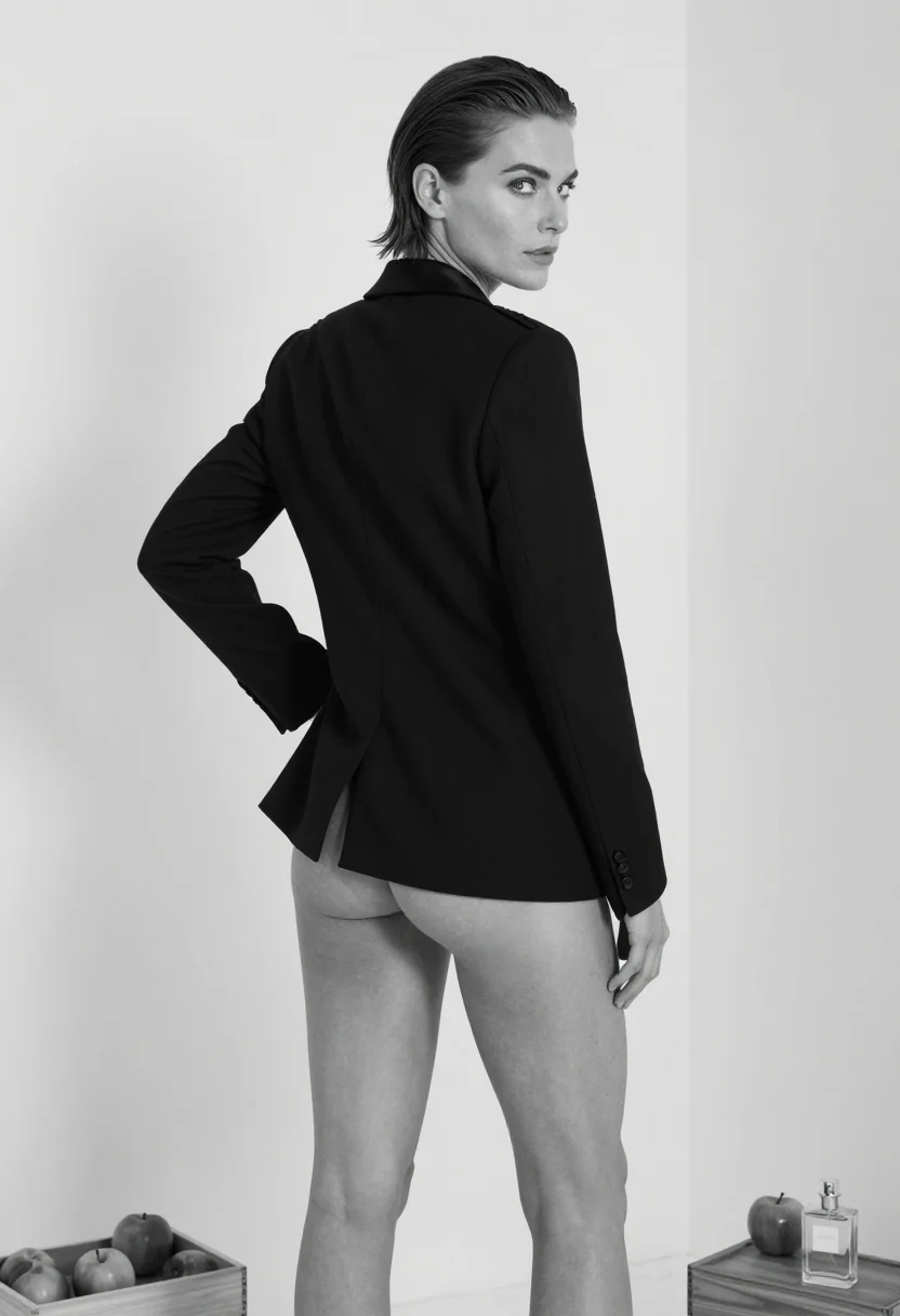 AI perfume campaign sample — black-and-white portrait of an adult woman, one frame of the nine-frame set