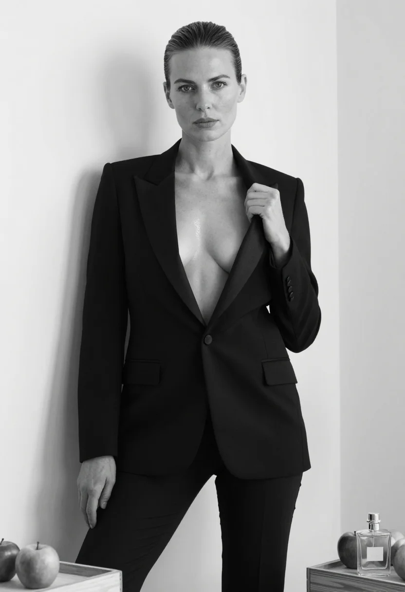 AI perfume campaign sample — black-and-white portrait of an adult woman, one frame of the nine-frame set