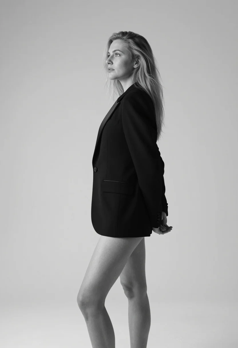 AI perfume campaign sample — black-and-white portrait of an adult woman, one frame of the nine-frame set